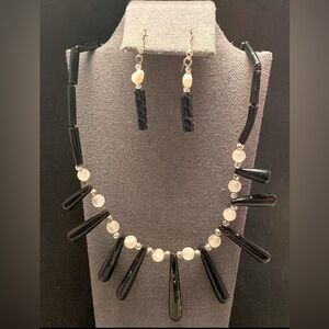 Black acrylic, silver & translucent beaded necklace with matching earrings